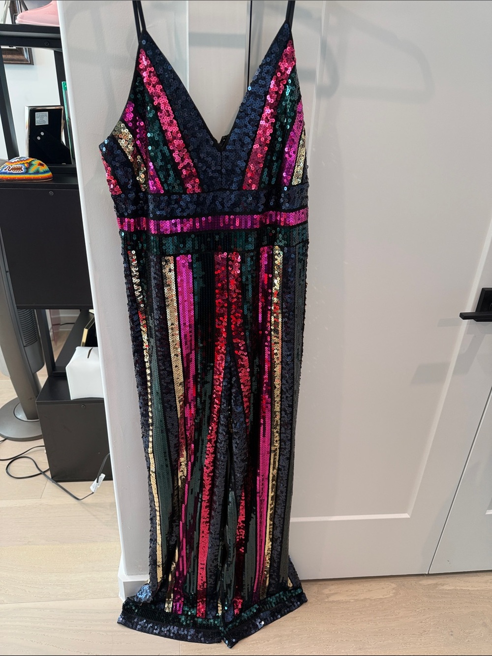 Sequin Striped V-Neck Jumpsuit in Black, Pink, Green, Navy, and Gold